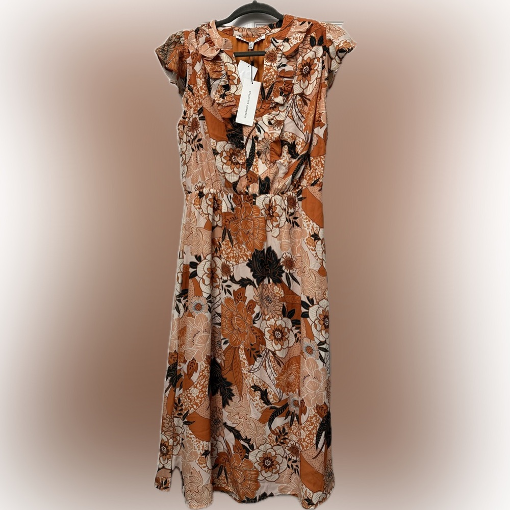 Collective Concepts Floral Ruffle Midi Dress | Size Large